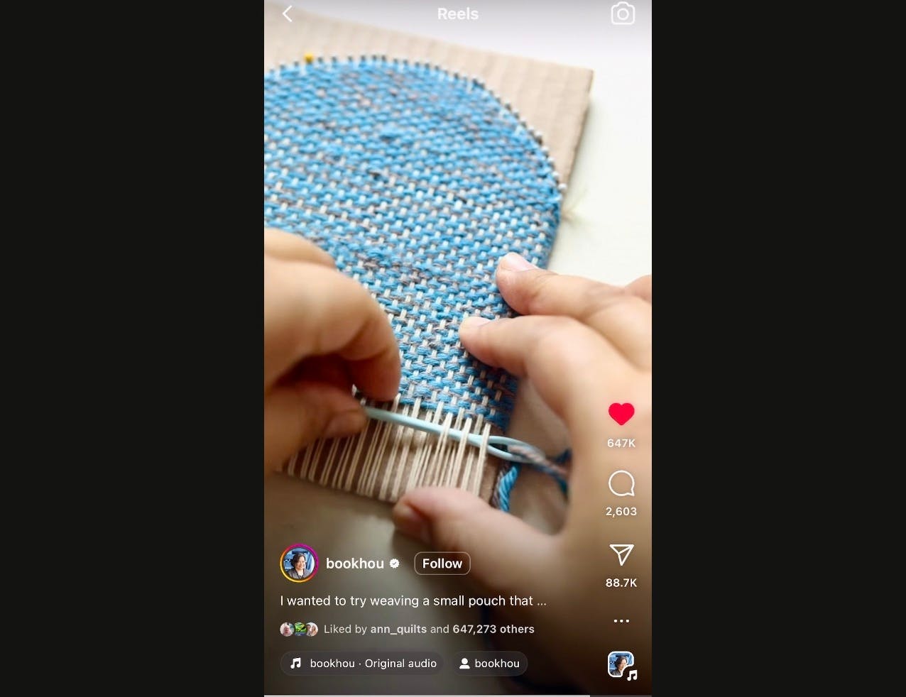 Screenshot of Instagram tutorial for tiny pouch weaving