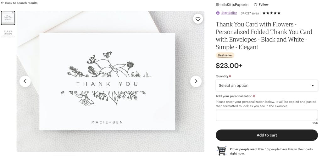 A screenshot of a thank you card on Etsy.
