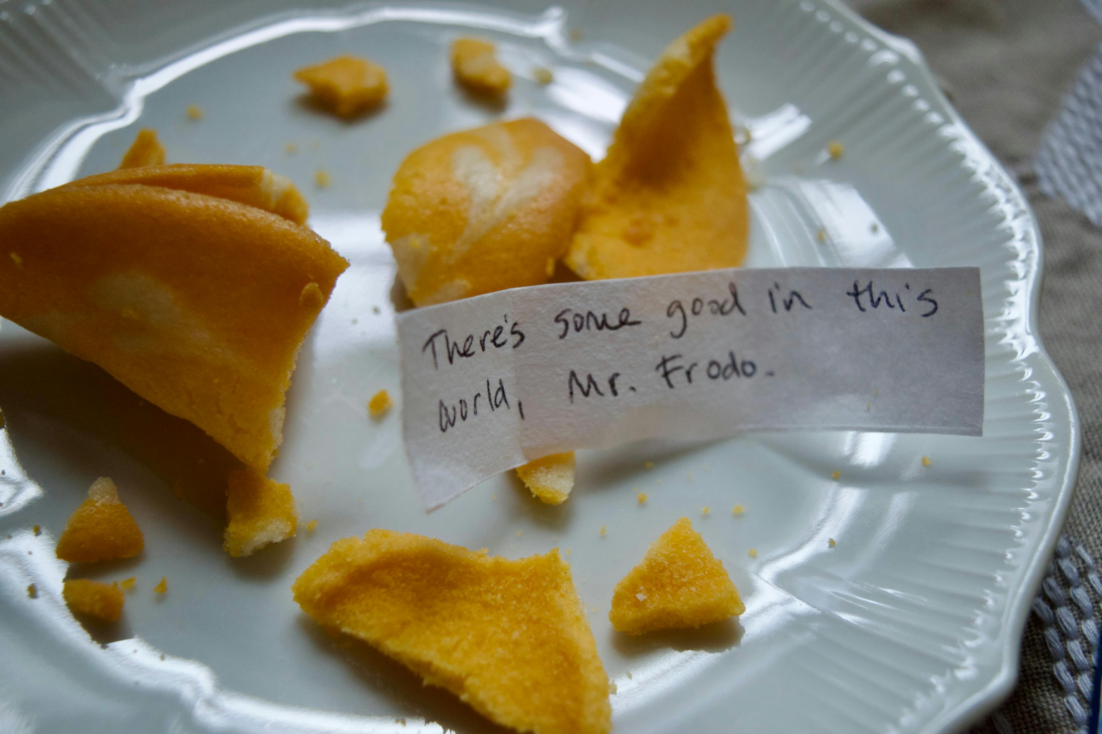 A broke fortune cookie with the fortune "There is still some good in this world, Mr. Frodo."