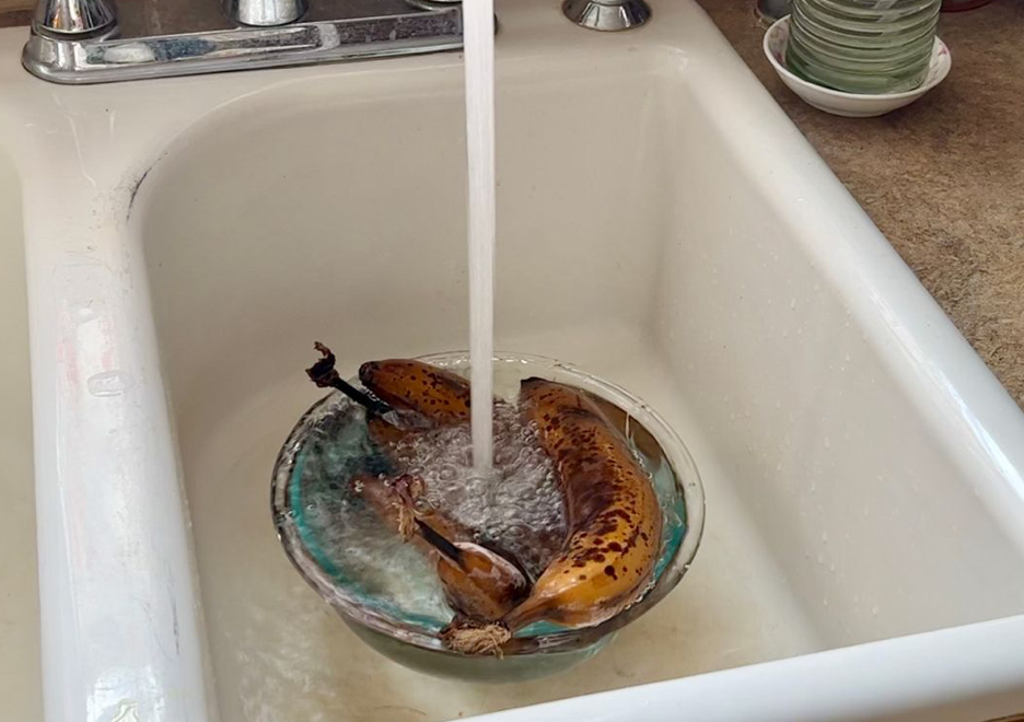 A bowl of very ripe bananas in a bowl in a sink with the water running into the bowl.