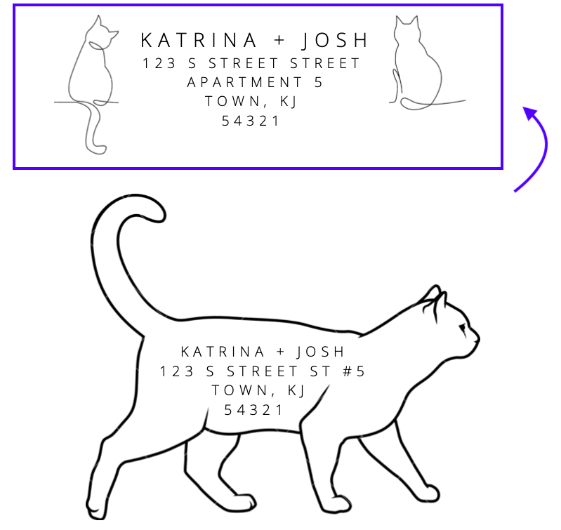 Screen shot of Canva showing two versions of a return address label with line drawings of cats in various positions and a fake address. One version has a purple box around it and a purple arrow pointing to it indicating this is the one that was chosen.