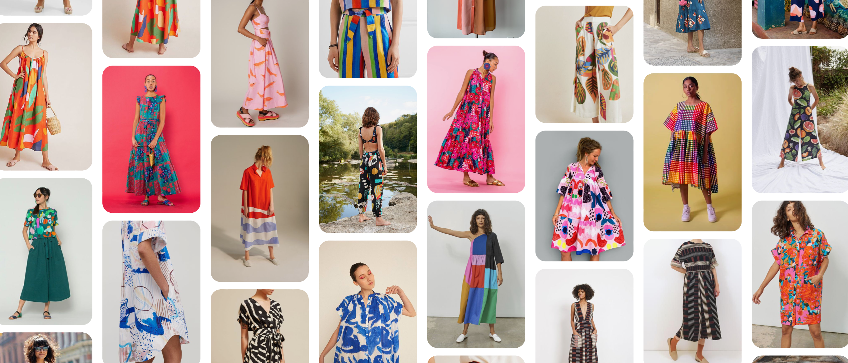 Screen shot of a pinterest board showing many coloring bright patterned dresses and pants.
