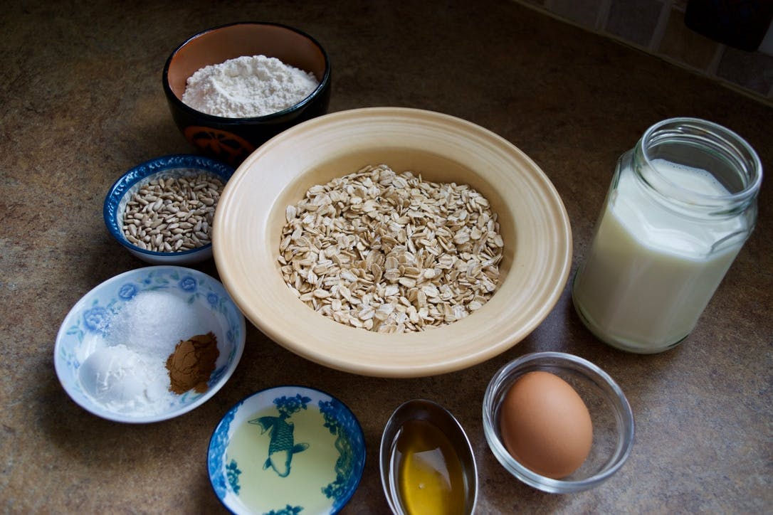 All the ingredients in bowls on a counter.