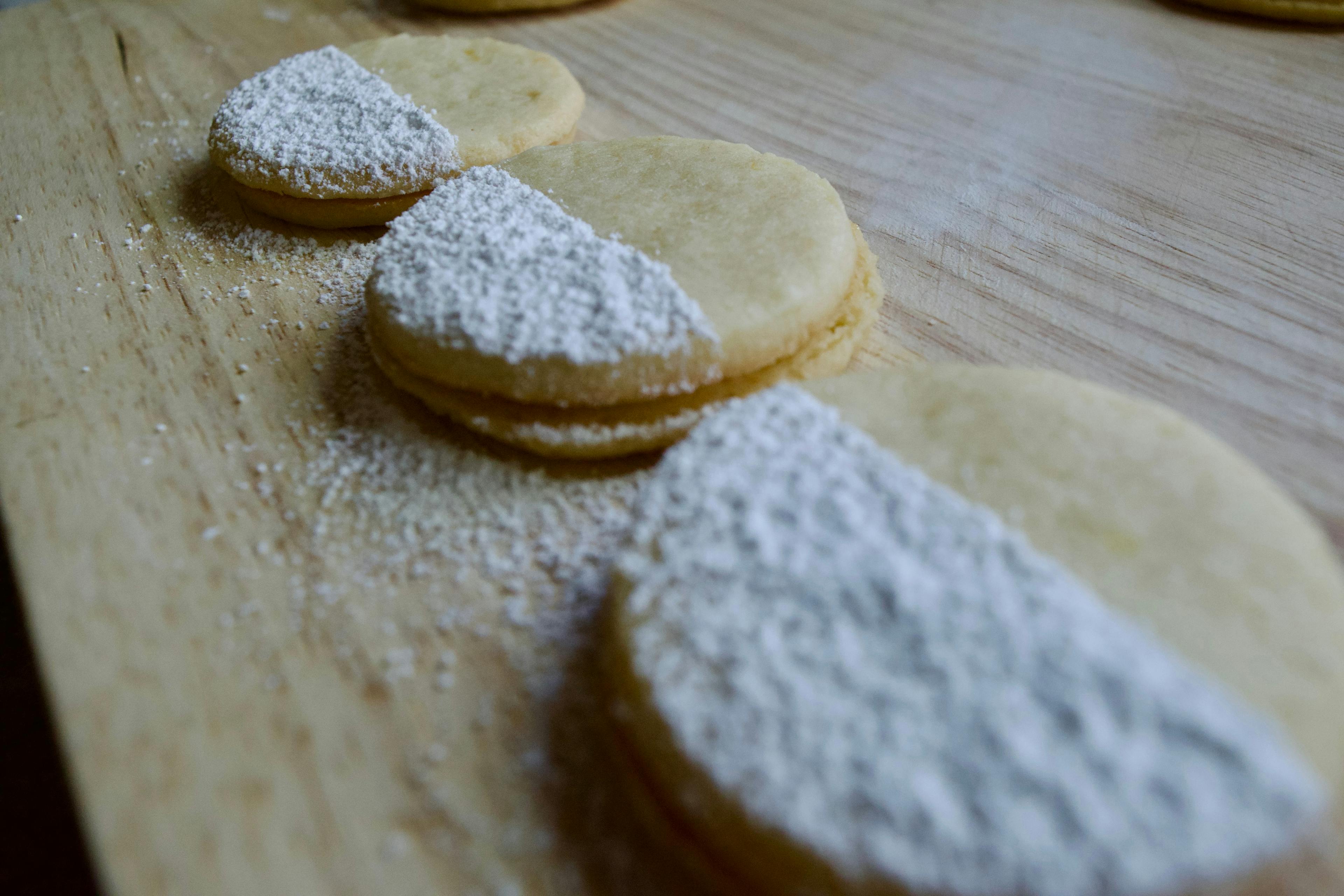 Close up of dusted cookies.