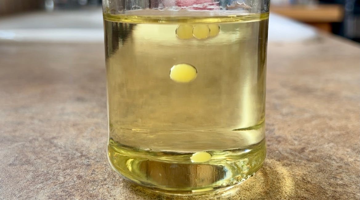 A small jar of oil with a few mango spheres.