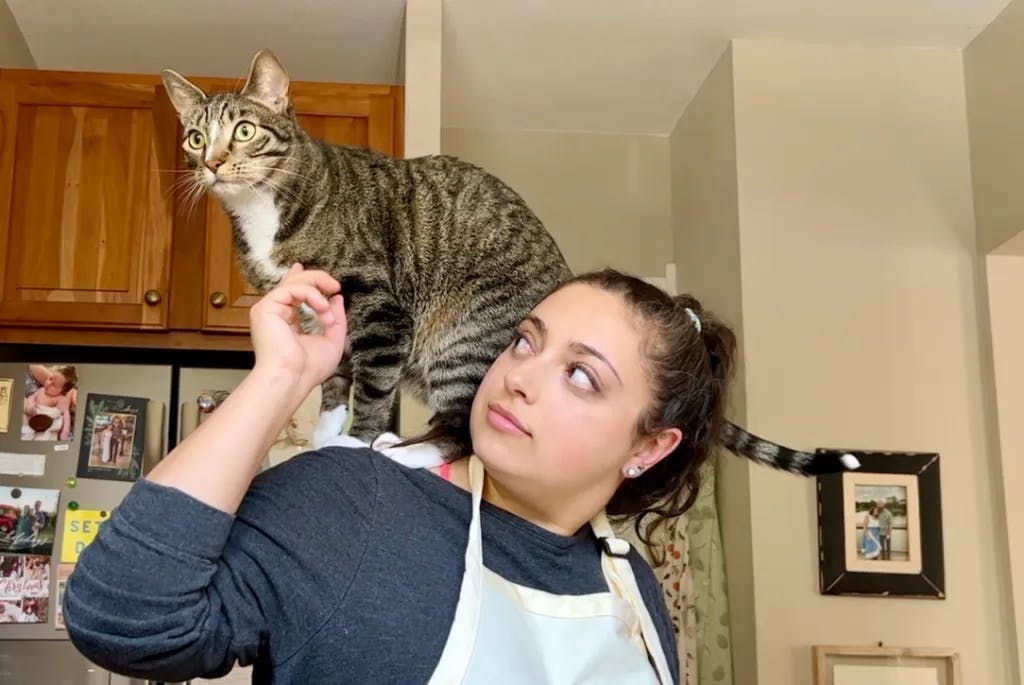 Katrina with brown tabby Pete on her shoulders.