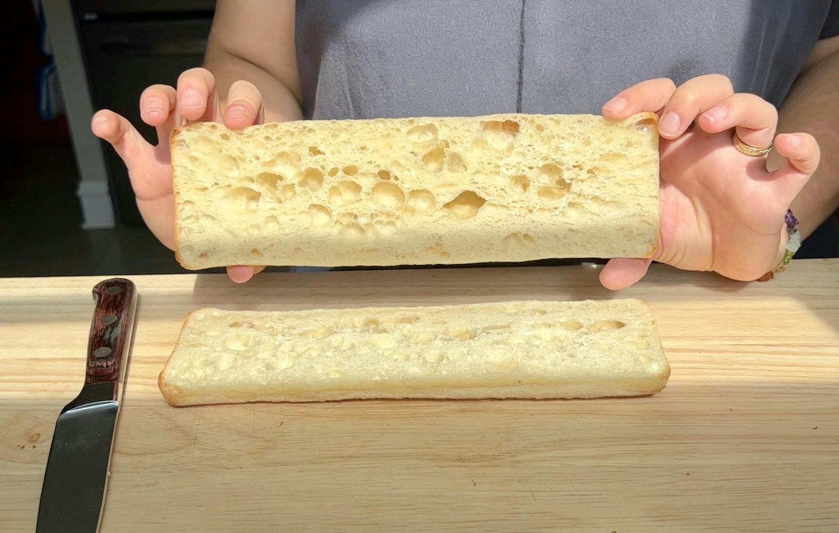 Ciabatta loaf sliced in half