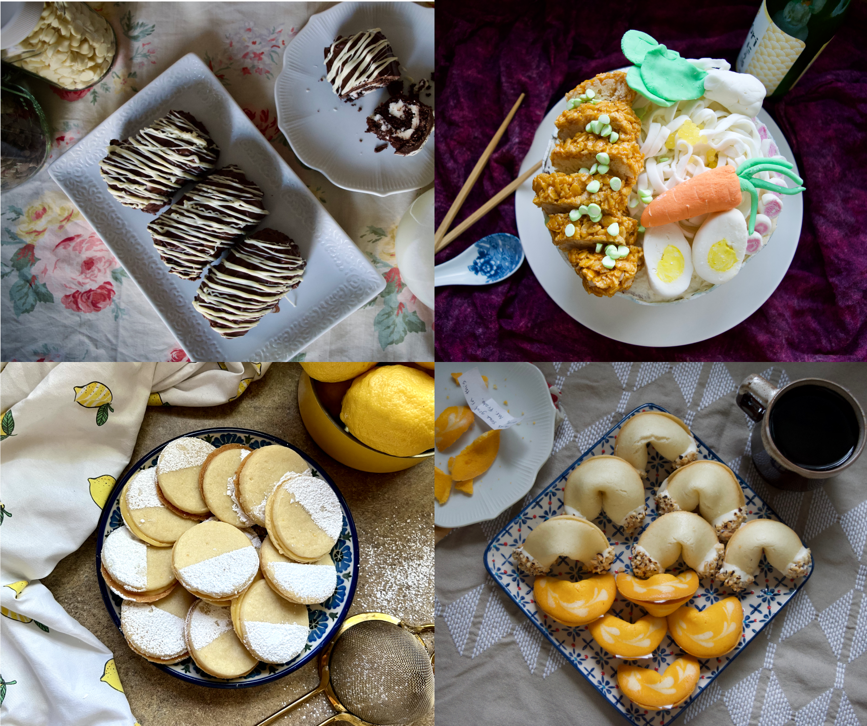 A collage of four pictures with different kinds of baked goods.