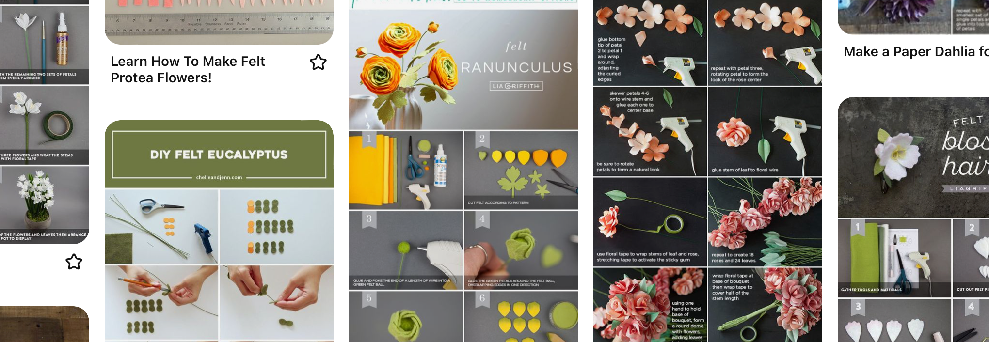 Screen shot of Pinterest board showing fabric and paper flower tutorials.