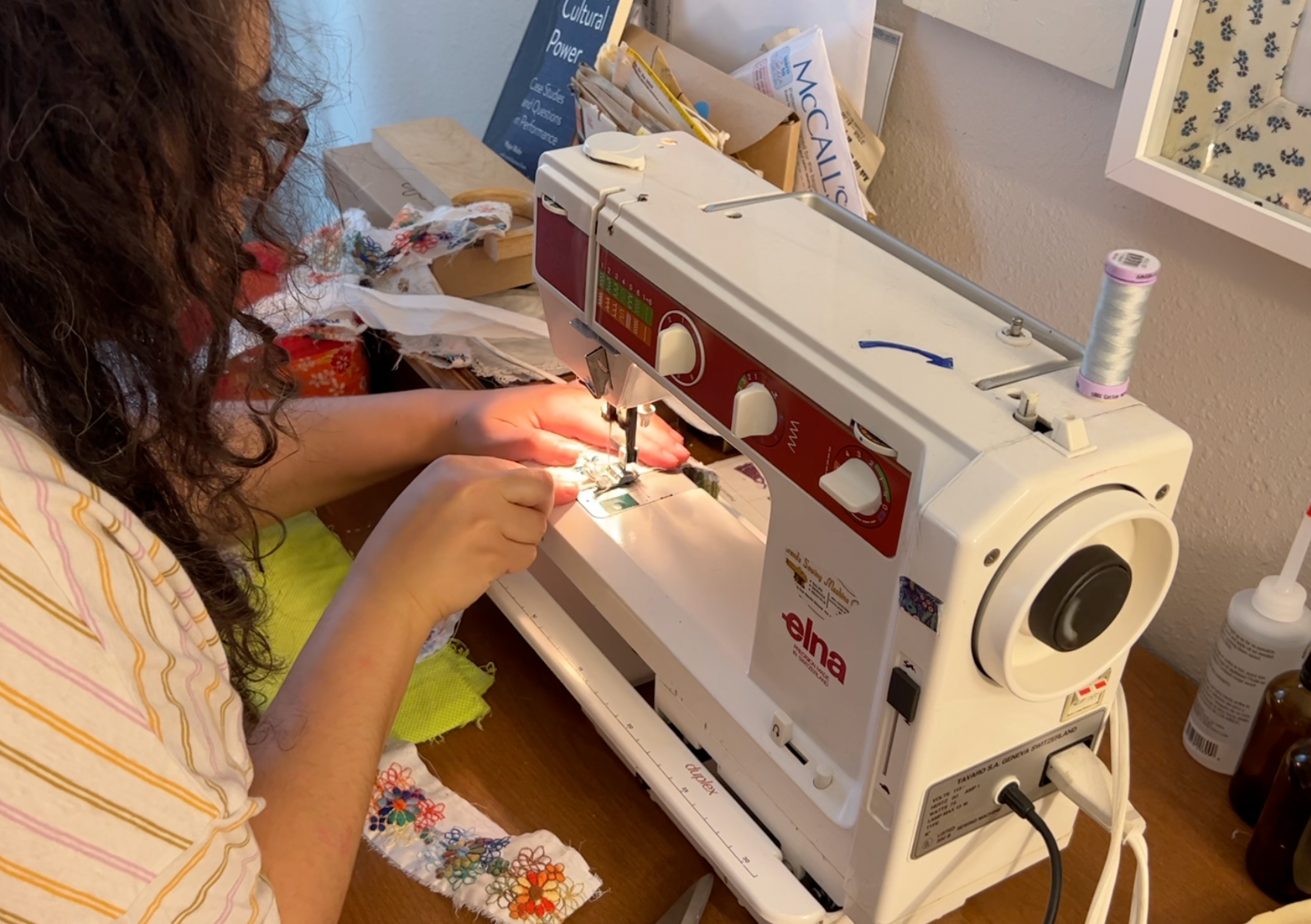 Sewing the ribbon on my sewing machine